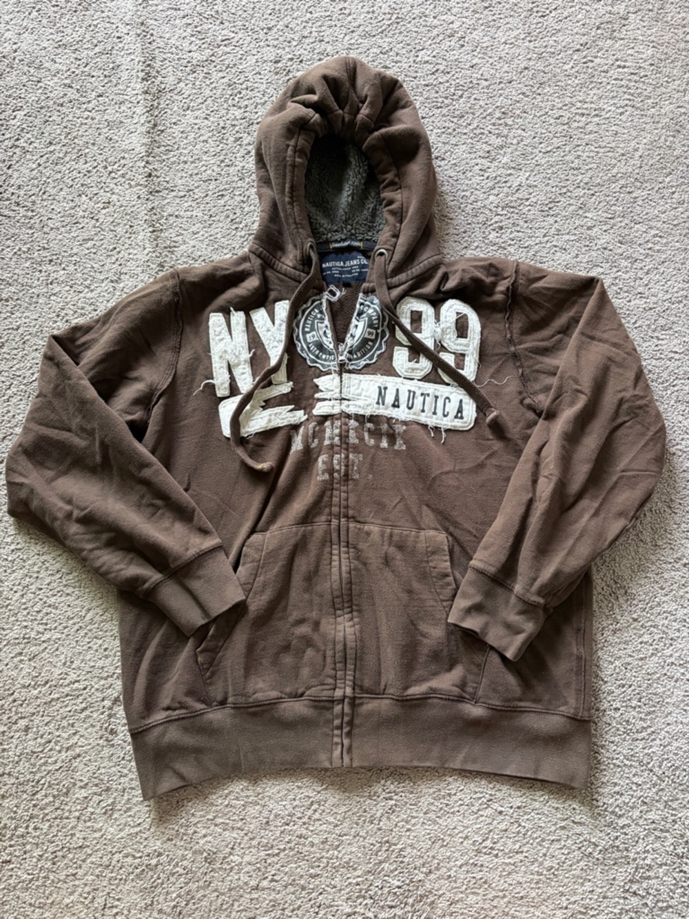 Nautica Men's Brown Full-Zip Hooded Sweatshirt with White Graphics